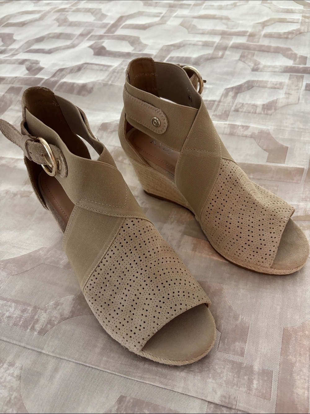 NYDJ Beige Perforated Wedge Sandals with Buckle Strap
